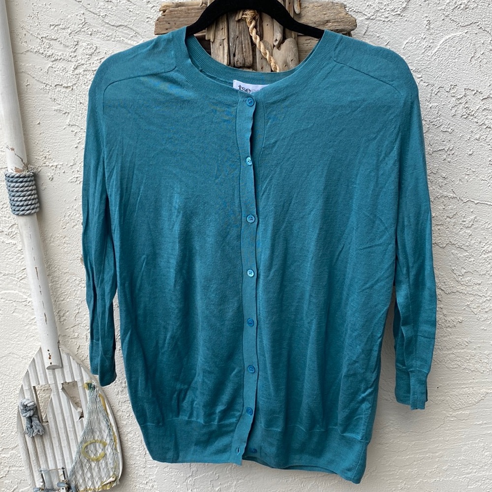 TSEsay blue crew neck cardigan. No size or content tag. Probably cotton. S/M